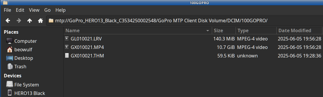 Gopro MTP via Thunar file manager